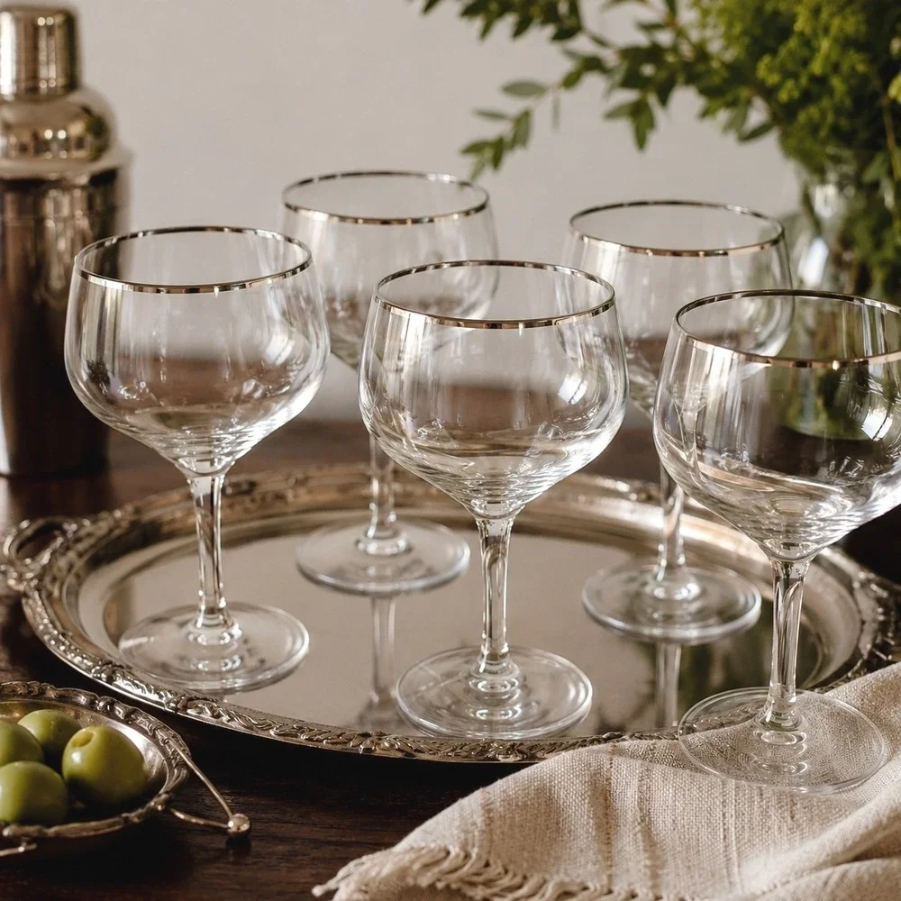 Vintage Silver Rim Coupe Glasses Set of 6 MCM Cocktail Stemware Retro Barware